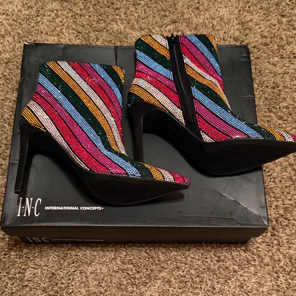 INC International Concepts Women's Colorful Crystal Striped Heeled Boots